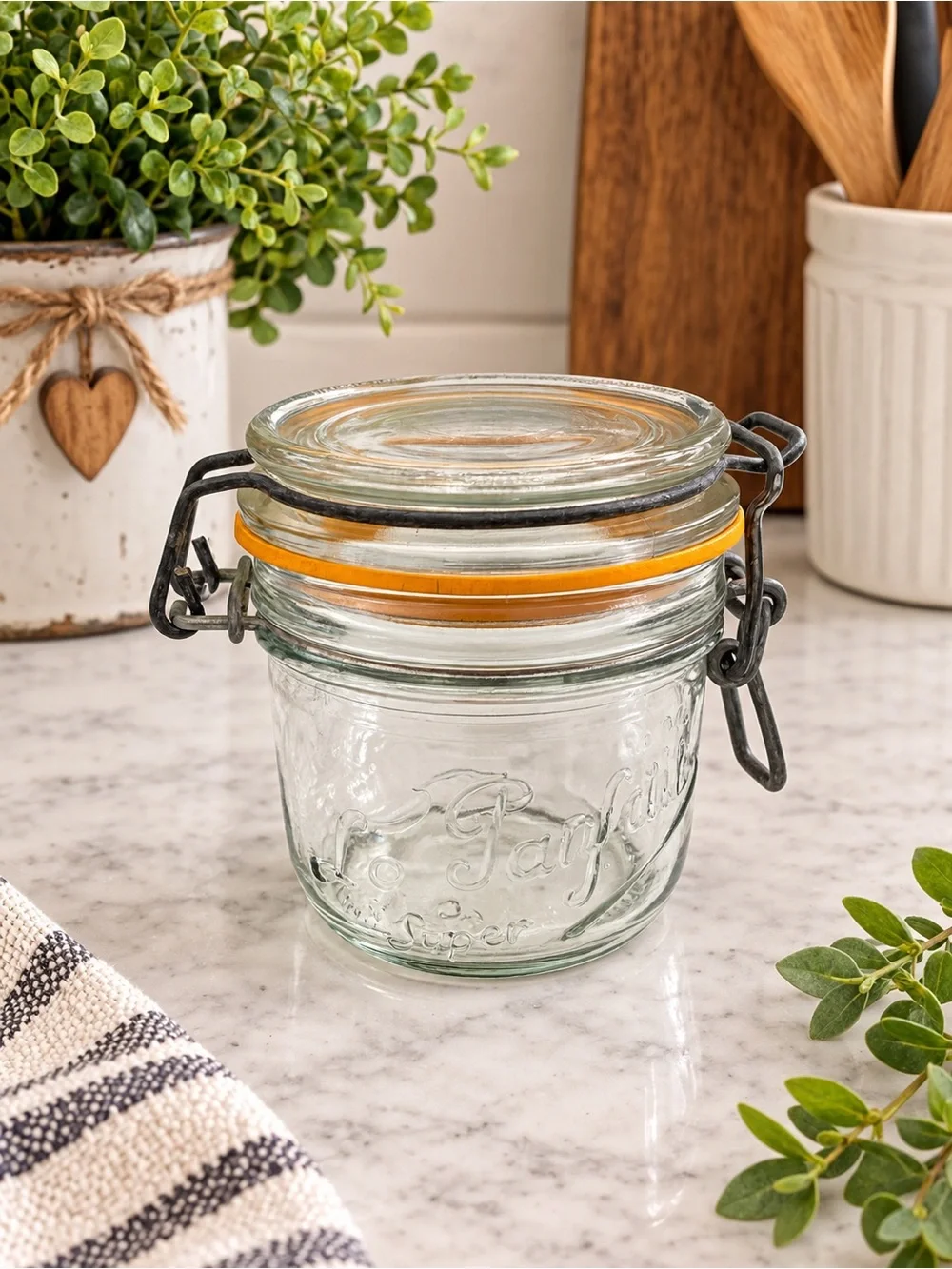 Le Parfait Glass Jar with Clamp Lid & Orange Rubber Seal French Kitchen Storage